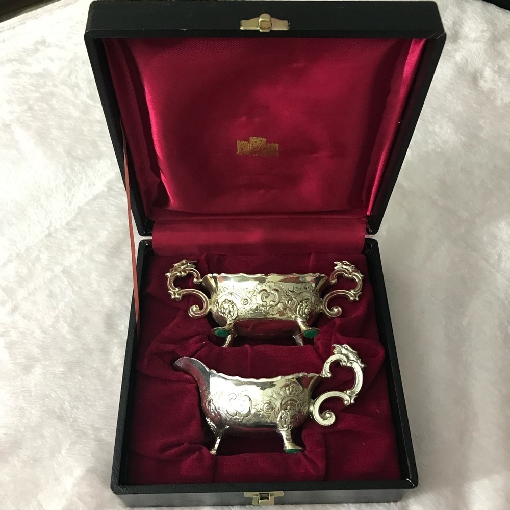 Collectible Silver Stamped Silver Plated Cream Sugar Set w Deluxe Box vintage